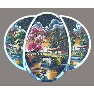 Vintage Vietnamese Lacquer Three Piece Triptych Paintings D20 H